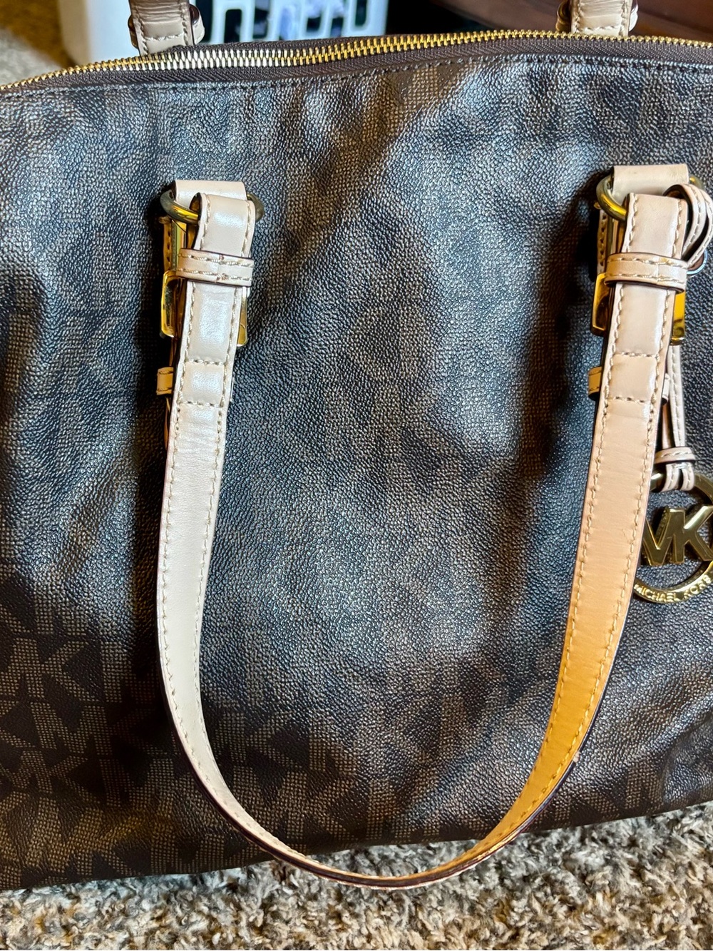 Michael Kors Brown Logo Satchel with Cream Handles